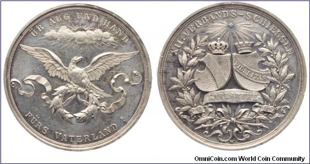 1891 Swiss Karlsruhe Schutzenmedaillen 12 Association Shooting Medal. Silver: 39.3MM.
