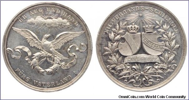 1891 Swiss Karlsruhe Schutzenmedaillen 12 Association Shooting Medal. Silver: 39.3MM.
