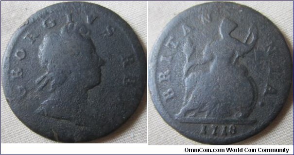 1718 halfpenny, possibly no stops on obverse if so vert rare
