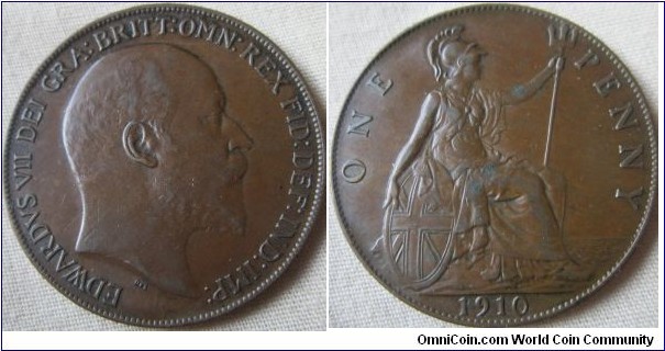 1910 penny VF+ with a nice brown colour where there is no wear.