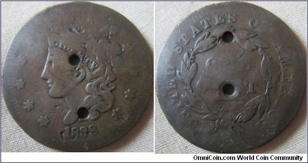 1838 cent, very worn and holed