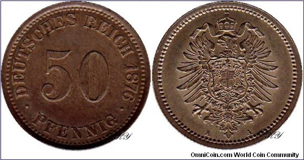 50 Pfennig 1876 A, edge: reeded, diameter: 20.00 mm, weight: 2.78 g, Ag 0.900
