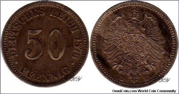 50 Pfennig 1876 B, edge: reeded, diameter: 20.00 mm, weight: 2.78 g, Ag 0.900 