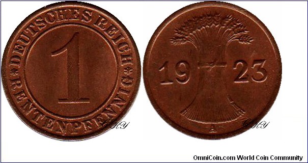 1 Pfennig 1923 A, edge: plain, diameter: 17.50 mm, weight: 2.00 g, Bronze 
