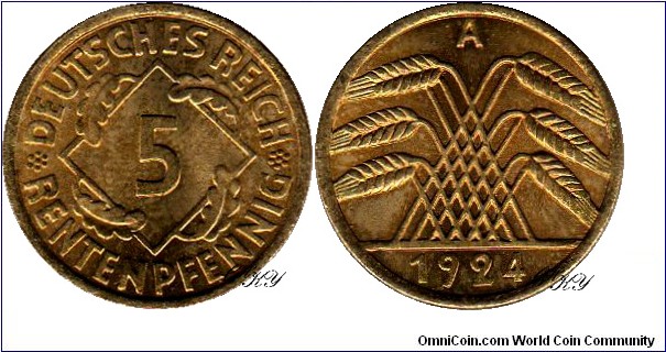 5 Pfennig 1924 A, edge: reeded, diameter: 18.00 mm, weight: 2.50 g, Cu-Al 
