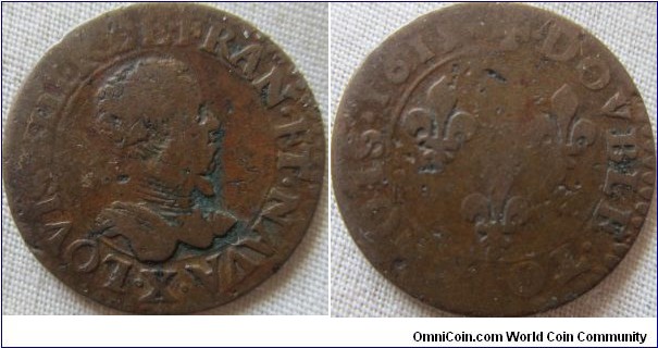Double Tournois, fair grade, with decent detail remaining on obverse, but reverse worn and has a few dinks