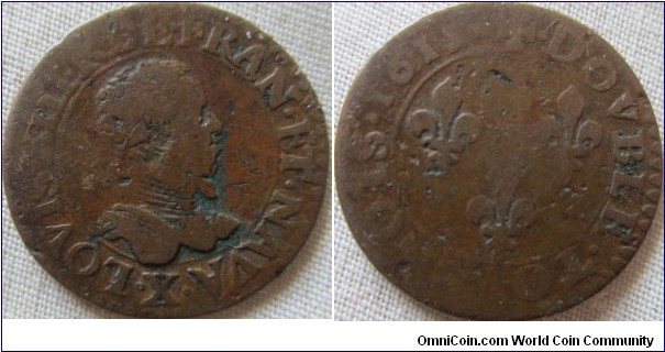Double Tournois, fair grade, with decent detail remaining on obverse, but reverse worn and has a few dinks