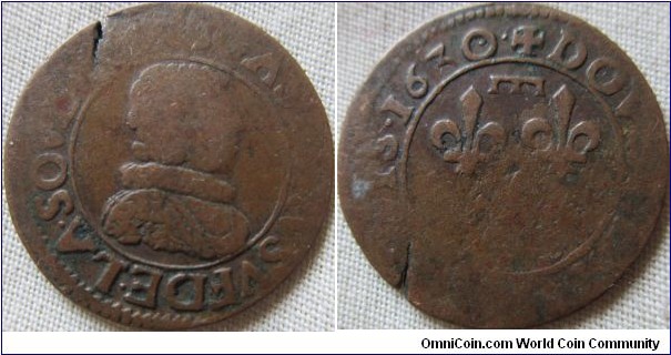Principauty of Dombes. Gaston de Orleans Double Tournois 1630, damaged planchet and again decent details apart from the are near the damage
