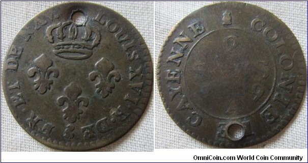 1789 A 2 sous, from Cayenne colony, Unbarred A in NAV, sadly holed, however a solid strike on obverse.
