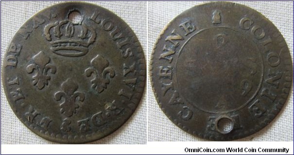 1789 A 2 sous, from Cayenne colony, Unbarred A in NAV, sadly holed, however a solid strike on obverse.