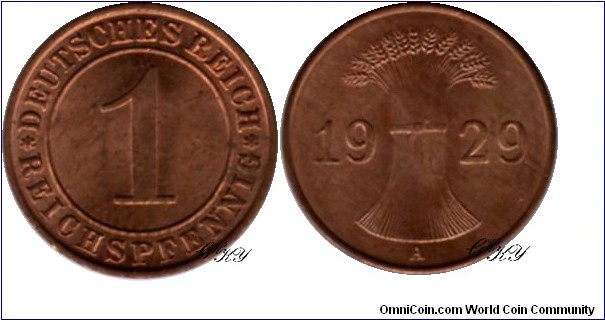 1 Pfennig 1929 A, edge: plain, diameter: 17.50 mm, weight: 2.00 g, Bronze 