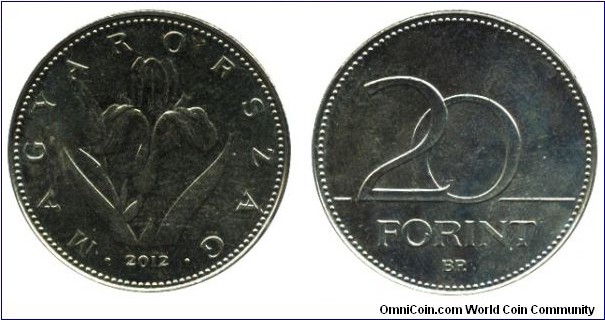 Hungary, 20 forints, 2012, Cu-Ni-Zn, Hungarian Iris, New insription: Magyarország (Hungary).