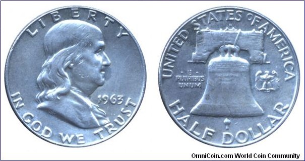 USA, 1/2 dollar, 1963, Ag, 30.6mm, 12.5g, Franklin, Bell.