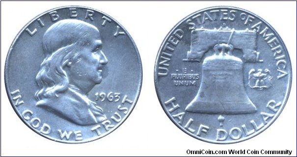 USA, 1/2 dollar, 1963, Ag, 30.6mm, 12.5g, Franklin, Bell.