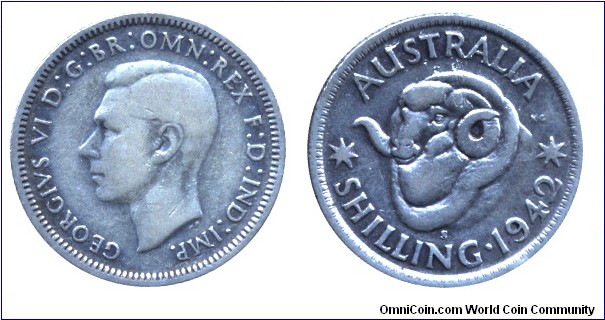Australia, 1 shilling, 1942, Ag, 23.5mm, 5.65g, King George VI, Head of ram