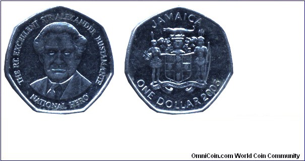 Jamaica, 1 dollar, 2005, Ni-Steel, 18.5mm, 2.91g, unusal shape: 7-sided, The Rt. Excellent Sir Alexander Bustamante, National Hero