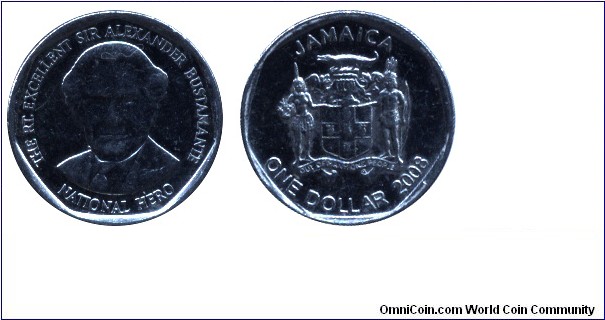 Jamaica, 1 dollar, 2008, Ni-Steel, 18.5mm, 2.9g, The Rt. Excellent Sir Alexander Bustamante, National Hero