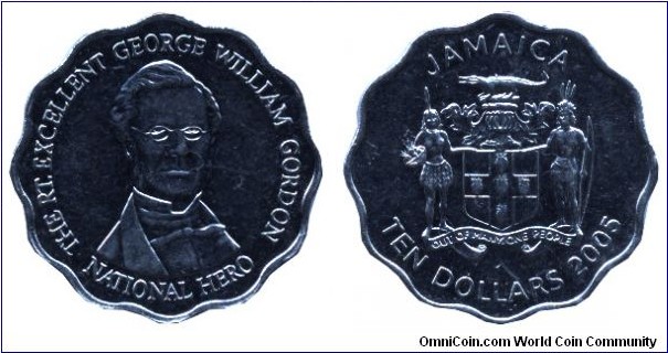 Jamaica, 10 dollars, 2005, Ni-Steel, 5.94g, wavy edge, The Rt. Excellent George William Gordon, National Hero.