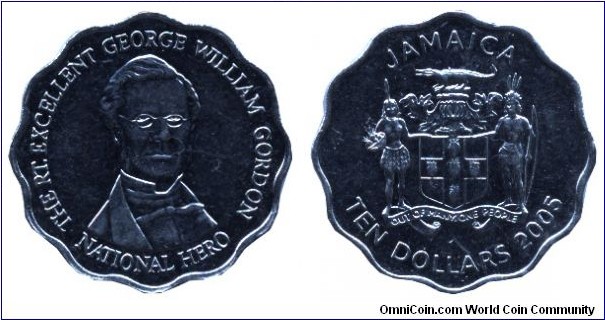 Jamaica, 10 dollars, 2005, Ni-Steel, 5.94g, wavy edge, The Rt. Excellent George William Gordon, National Hero.