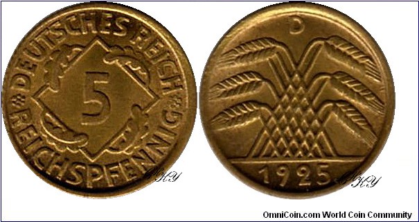 5 Pfennig 1925 D, edge: reeded, diameter: 18.00 mm, weight: 2.50 g, Cu-Al 