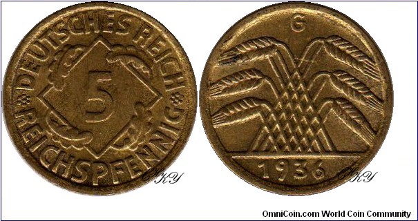 5 Pfennig 1936 G, edge: reeded, diameter: 18.00 mm, weight: 2.50 g, Cu-Al