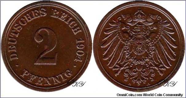 2 Pfennig 1904 A, edge: plain, diameter: 20.00 mm, weight: 3.33 g, Bronze 