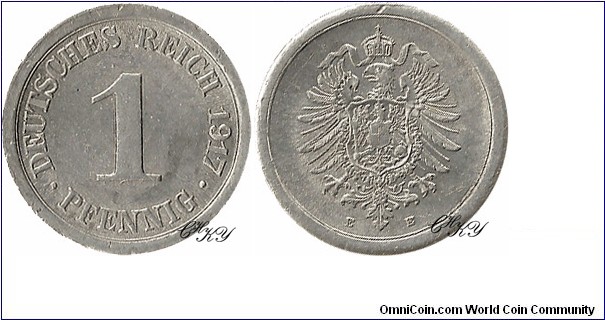 1 Pfennig 1917 E, edge: plain, diameter: 16.00 mm, weight: 0.80 g, Aluminium 
