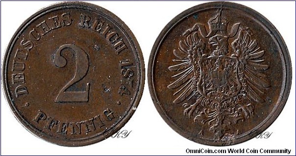 2 Pfennig 1874 A, edge: plain, diameter: 20.00 mm, weight: 3.33 g, Bronze 