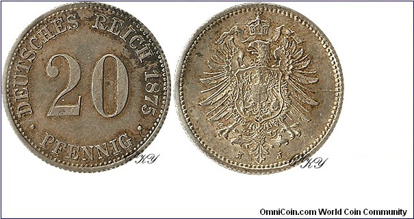 20 Pfennig 1875 J, edge: reeded, diameter: 16.00 mm, weight: 1.11 g, Ag 0.900 