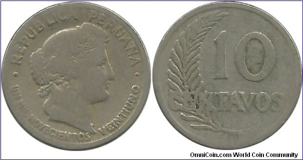 Peru 10 Centavos 1921-words-