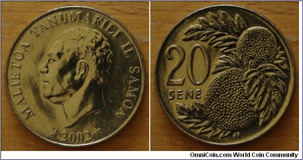 Samoa | 
20 Sene, 2002 | 
28.45 mm, 11.4 gr. | 
Copper-nickel | 

Obverse: Chief Malietoa Tanumafili II facing left, date below | 
Lettering: * MALIETOA TANUMAFILI II. SAMOA * 2002 |

Reverse: Breadfruit, denomination left | 
Lettering: 20 SENE |