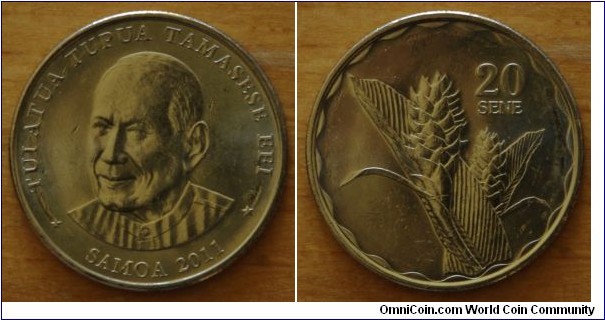 Samoa | 
20 Sene, 2011 | 
20 mm, 4 gr. | 
Nickel plated Steel | 

Obverse: Front portrait of Tuiatua Tupua Tamasese, date below | 
Lettering: * TUIATUA TUPUA TAMASESE EFI * SAMOA 2011 |

Reverse: Teuila Flower, denomination right | 
Lettering: 20 SENE |