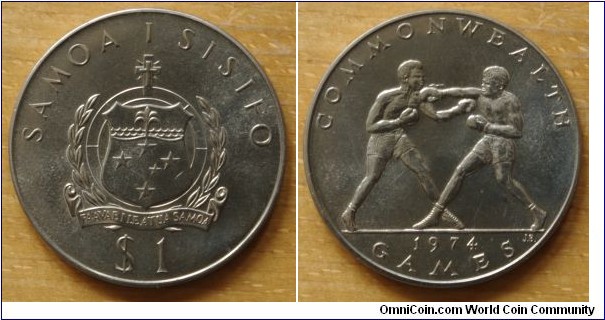 Samoa | 
1 Tālā, 1974 – 10th Commonwealth Games | 
38.8 mm, 27.3 gr. | 
Copper-nickel | 

Obverse:National Coat of Arms, denomination below | 
Lettering: SAMOA I SISIFO $1 |

Reverse: Boxers, date below | 
Lettering:COMMONWEALTH GAMES 1974 |