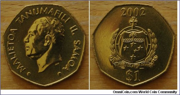 Samoa | 
1 Tālā, 2002 | 
24.2 mm, 5 gr. | 
Aluminium-bronze |  

Obverse: Chief Malietoa Tanumafili II facing left | 
Lettering: • MALIETOA TANUMAFILI II. SAMOA • |

Reverse: National Coat of Arms, date above, denomination below | 
Lettering: 2002 $1 |
