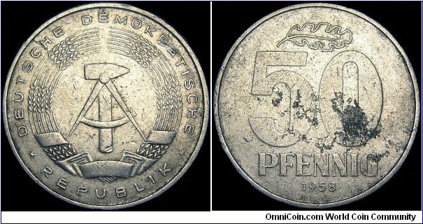 Germany - Democratic Republic - 50 Pfennig - 1958 - Weight 2,0 gr - Aluminium - Size 23 mm - Thickness 2,02 mm - Alignment Medal (0°) - Designer Rudi Högner - Mintmark A=Berlin Germany - Edge: Reeded - Mintage 101 610 000 - Reference KM# 12.1 (1958-1990)