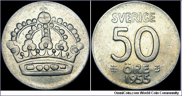 Sweden - 50 Öre - 1955 - Period / King Gustaf VI Adolf (1950-1973) - Weight 4,8 gr - Silver Ag 0,400 - ASW 0,0617 oz - Size 22 mm - Thickness 1,5 mm - Alignment Medal (0°) - Mintmark TS= Eskilstuna Sweden - Edge : Smooth - Mintage 2 699 700 - Reference KM# 825 (1952-1961)