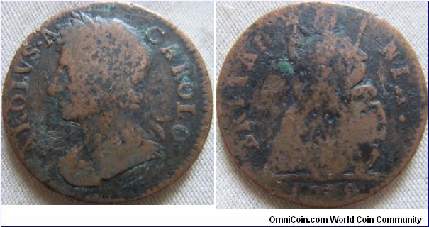 1679 Farthing,low grade with pitting. but clear enough details