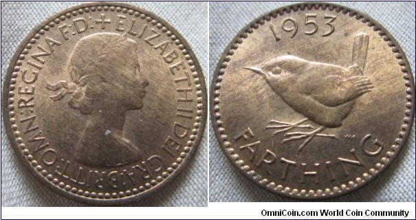 1953 Farthing AUNC obv 2 Rev B