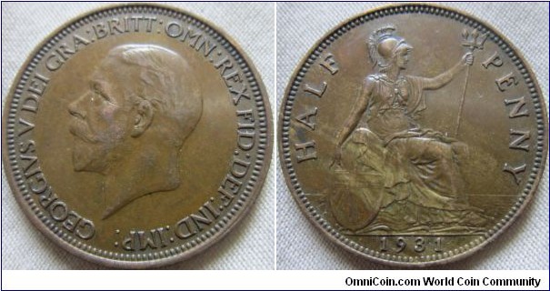 1931 halfpenny, AEF grade bit more wear on Obverse