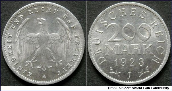 Germany (Weimar Republic)
200 mark.
1923, Al.
Weight; 1g.
Diameter; 23mm.
Mint; Hamburg (J)
Mintage: 16.258.000 pieces.