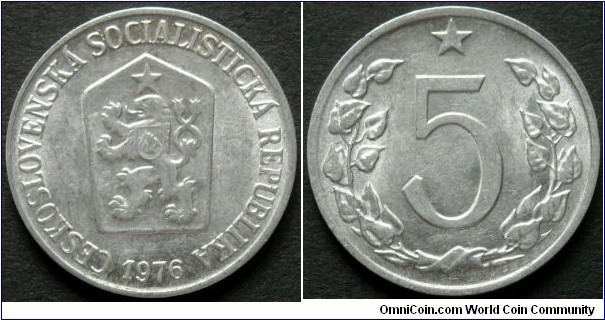 Czechoslovakia
5 haleru.
1976, Al-mg.
Weight; 0,8g.
Diameter; 20mm.
Mint; Kremnica.
Mintage; 15.550.000 pieces.