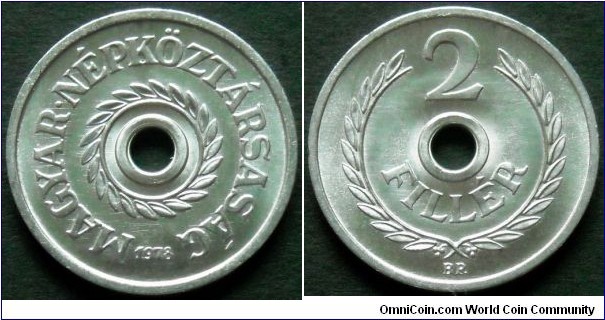 Hungary 2 filler from 1978 mint set.
Al. Weight; 0,65g.
Diameter; 18mm.
Mint Budapest.
Mintage: 50.000 pieces.
