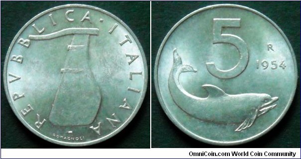 Italy 5 lire.
1954, Al.
Weight; 1g.
Diameter; 20,2mm.
Mint Rome.
Mintage: 436.400.000 pieces.
