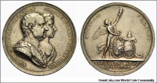 1795 German Bavaria Karl Theodor Medal by C. Destouches. Silver: 43.3MM./36.25 gms.
Obv: Karl Theodor & Maria Leopoldina of Austria-Este draped busts right. Legend CAR.THEOD.C.P.R.E.D.ELECTOR.MAR.LEOPOLDINA.AVSTRIACA.. Rev: Hymen with a torch and the shields Bavaria & Austria. Legend NVPTIAE FELICES. Exergue XV.KALEND.MART. CI)I)CCVC.
