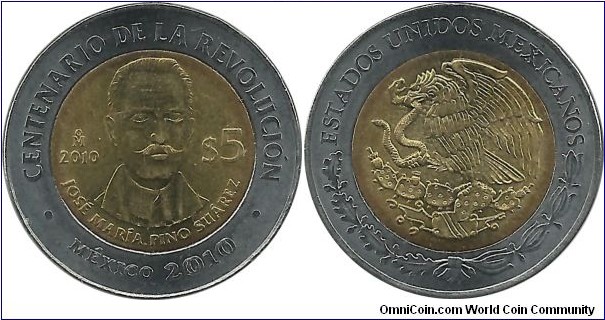Mexico 5 Pesos 2010-Jose Maria Pino Suarez