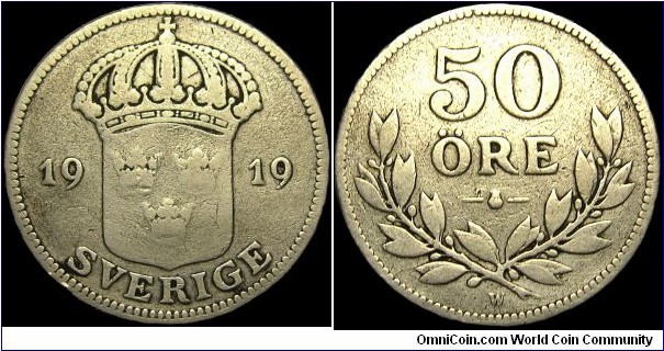 Sweden - 50 Öre - 1919 - Period / King Gustaf V (1907-1950) - Weight 5,0 gr - Silver Ag 0,600 - ASW 0,0964 oz - Size 22 mm - Thickness 1,5 mm - Alignment Medal (0°) - Master of the mint : Alf Grabe (1927-1945) - Mint Mark W = Eskilstuna. Sweden - Edge : Reeded - Mintage 458 296 - Reference KM# 788 (1911-1939)