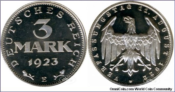 3 Mark 1923 E, edge: reeded, diameter: 28.00 mm, weight: 2.00 g, Aluminium