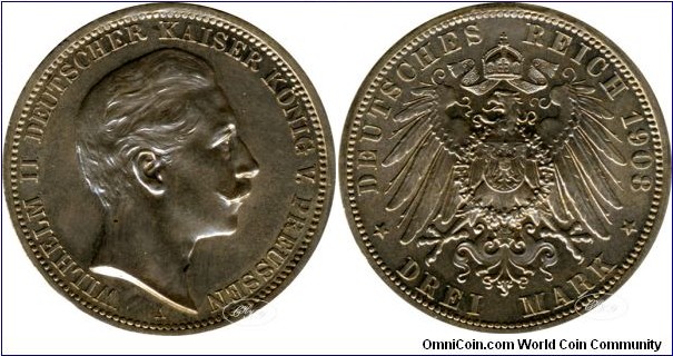 3 Mark 1908 A, Prussia, edge: GOTT MIT UNS, diameter: 33.00 mm, weight: 16.66 g, Ag 0.900 