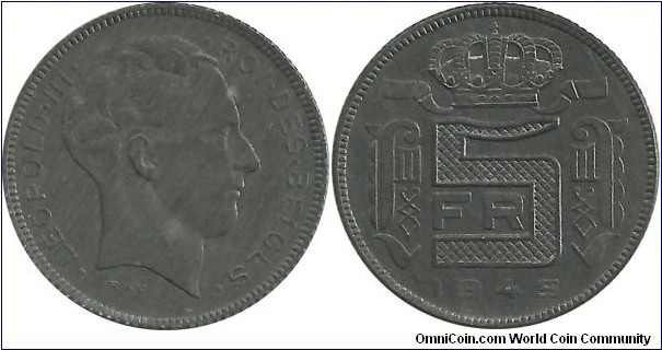Belgium 5 Francs 1945 Fr