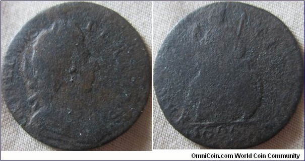 1696 farthing struck off centre, low grade